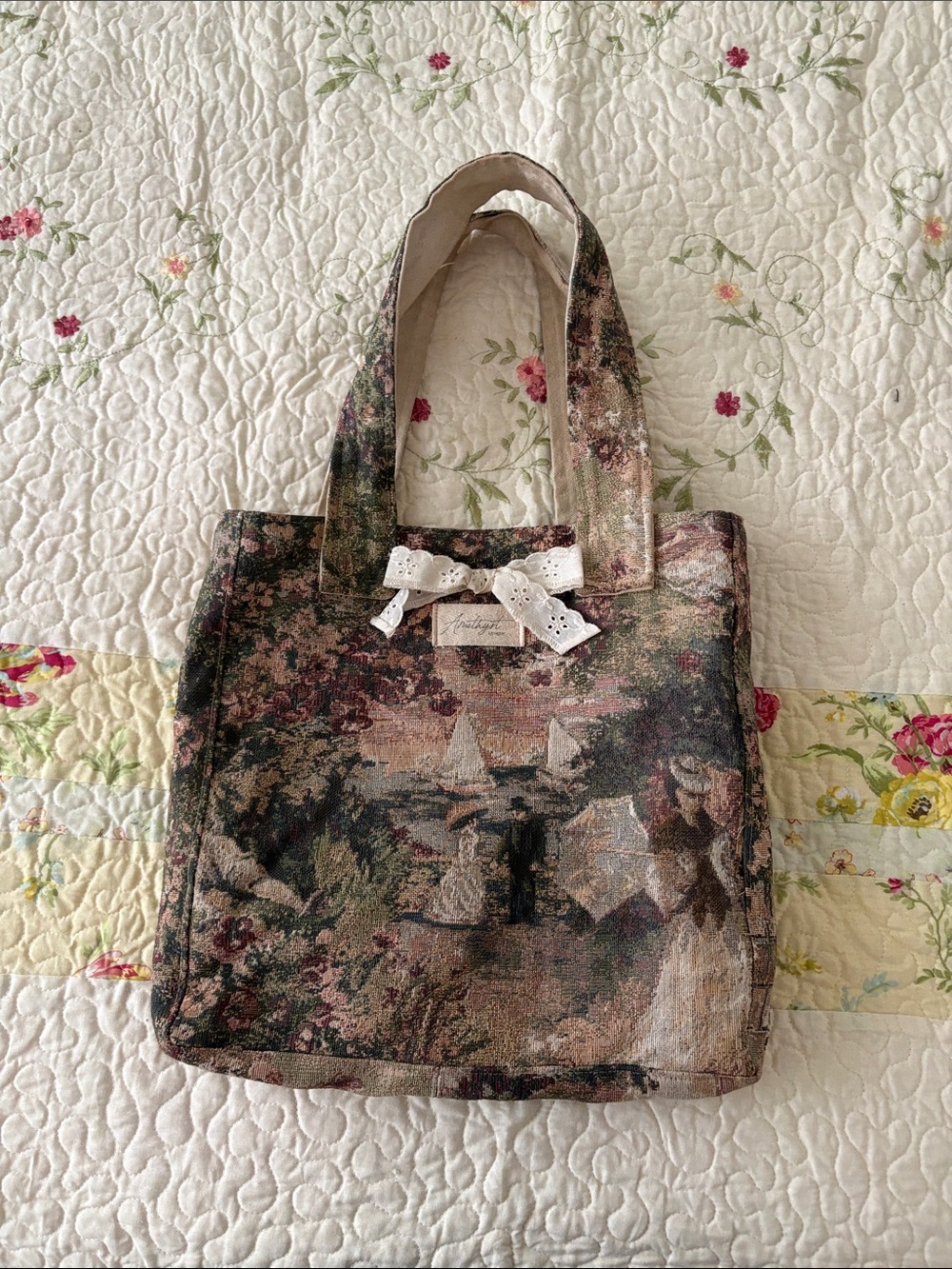 Hand Made Vintage Floral Tapestry Canvas Tote Bag with Lace Bow - Neutral Multi